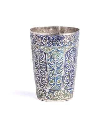 Lot 631 - AN ENAMELLED SILVER BEAKER, PROBABLY KANGRA, HIMACHAL PRADESH, CIRCA 1900