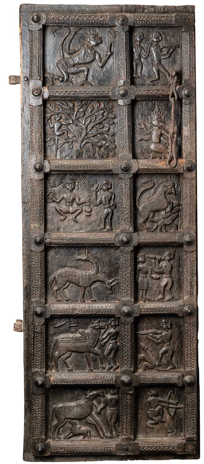 Lot 651 - A CARVED WOOD DOOR, GOND REGION, MADHYA PRADESH, CENTRAL INDIA, CIRCA 1900 OR EARLIER