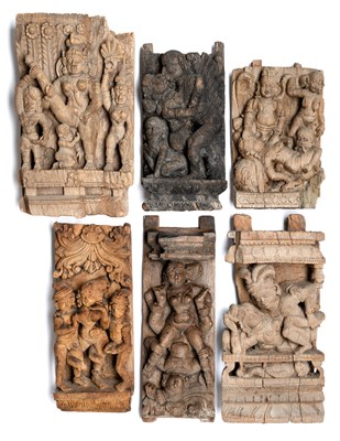 Lot 653 - SIX CARVED WOOD PANELS FROM A PROCESSIONAL CHARIOT (RATHA), TAMIL NADU, SOUTH INDIA, 19TH CENTURY