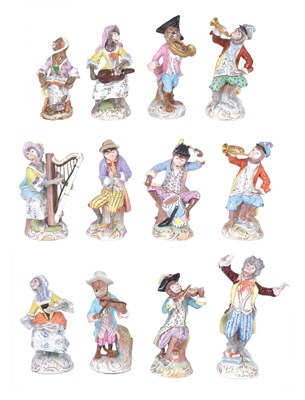 Lot 3 - A MATCHED SET OF TWELVE MONKEY BAND FIGURES, ONE MEISSEN, NINE DRESDEN, TWO UNMARKED