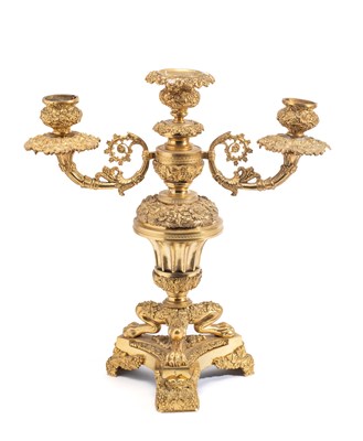 Lot 60 - A GILT-BRONZE THREE-LIGHT CANDELABRUM, ENGLISH, CIRCA 1830