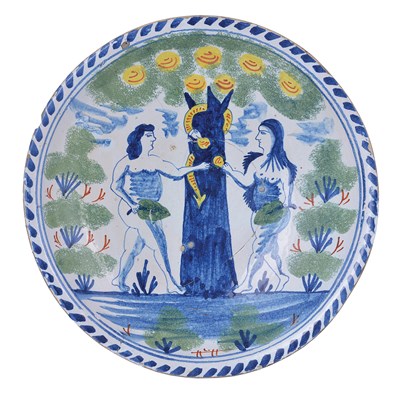 Lot 39 - A BRISTOL DELFTWARE ADAM AND EVE CHARGER