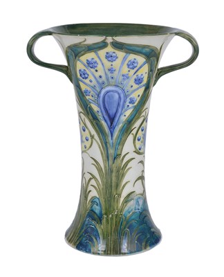 Lot 53 - PEACOCK FEATHERS: A MOORCROFT MACINTYRE TWO-HANDLED VASE