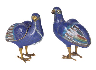 Lot 73 - A PAIR OF CHINESE CLOISONNÃ‰ QUAIL CENSERS AND COVERS