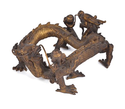 Lot 98 - A CHINESE GILT BRONZE DRAGON GROUP