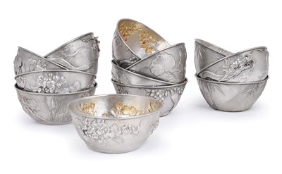 Lot 109 - TWO SETS OF SIX JAPANESE SILVER BOWLS