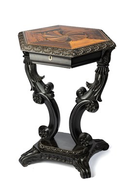 Lot 740 - A HEXAGONAL EBONY AND SPECIMEN WOOD HEXAGONAL PEDESTAL TABLE, GALLE, SRI LANKA, CIRCA 1840