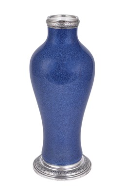 Lot 179 - A FRENCH SILVER-MOUNTED MOTTLED BLUE GLAZED VASE