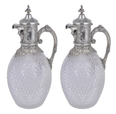 Lot 225 - A PAIR OF VICTORIAN SILVER-MOUNTED CUT-GLASS CLARET JUGS