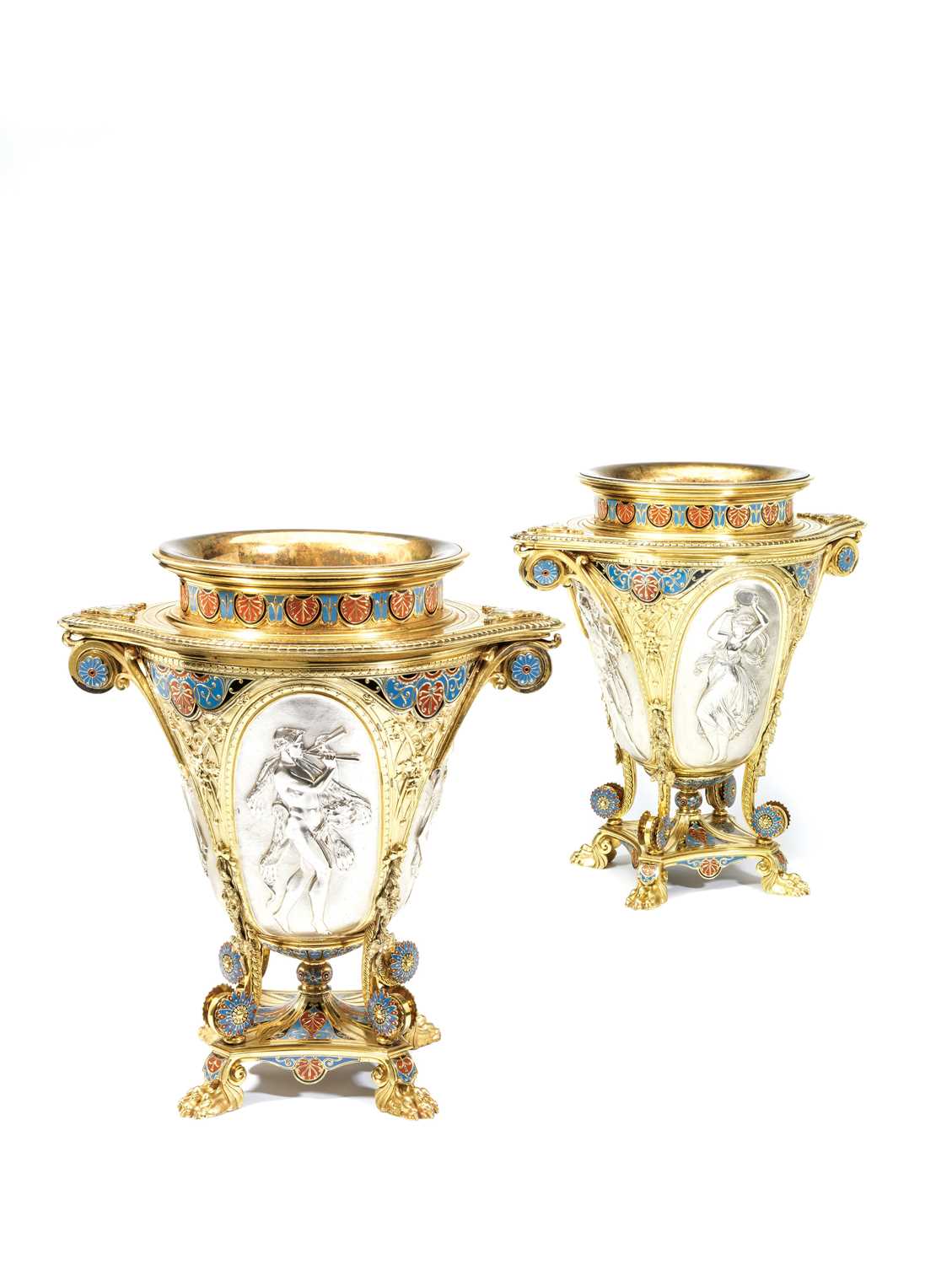 Lot 236 - A PAIR OF VICTORIAN PARCEL-GILT-SILVER AND ENAMEL 'GRAECO-POMPEIAN' 1862 WINE COOLERS