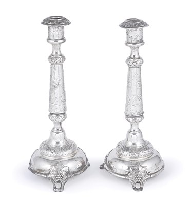 Lot 257 - A PAIR OF RUSSIAN SILVER CANDLESTICKS