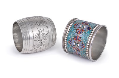 Lot 261 - A RUSSIAN CLOISONNÃ‰ ENAMEL SILVER NAPKIN RING