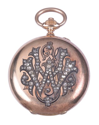 Lot 279 - LE GRAND ROY ET FILS, GENEVA: A GOLD AND DIAMOND SET HUNTING CASED POCKET WATCH