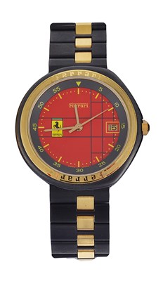 Lot 282 - 'FERRARI': A GENTLEMAN'S ANODISED STEEL BRACELET WATCH