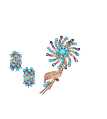 Lot 331 - GOLD AND TURQUOISE BROOCH AND EARRINGS