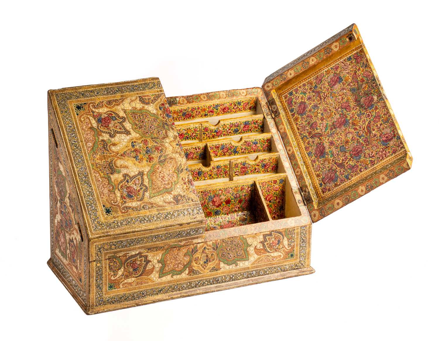 Lot 734 - A LACQUERED WOOD STATIONERY BOX, KASHMIR, LATE 19TH CENTURY