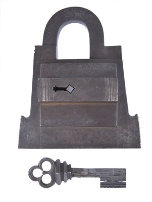 Lot 112 - A LARGE IRON PADLOCK AND KEY