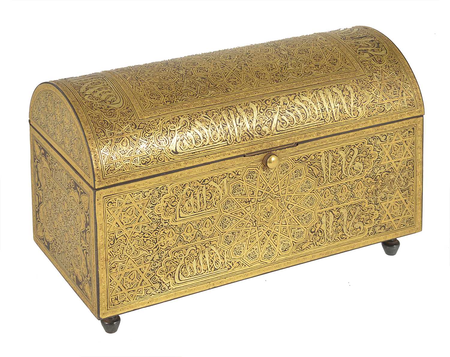 Lot 113 - A SPANISH GILT DAMASCENED IRON SMALL CASKET
