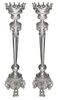 Lot 130 - A PAIR OF LARGE SILVERED COPPER TORCHERES