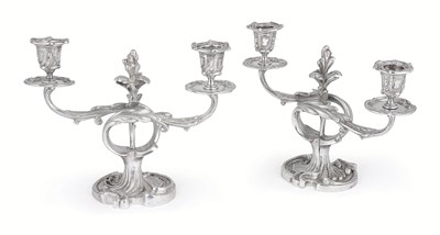 Lot 132 - A PAIR OF SILVERED BRONZE DWARF CANDELABRA