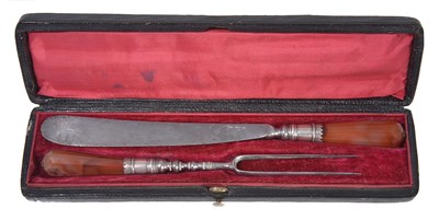 Lot 133 - A CHILD'S CARNELIAN AND STEEL KNIFE AND TWO-PRONGED FORK