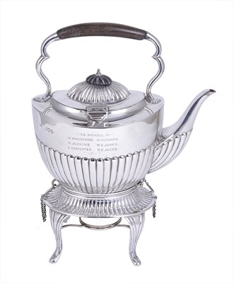 Lot 208 - A VICTORIAN SILVER TEA KETTLE ON STAND WITH BURNER