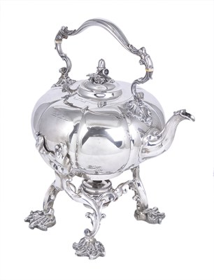 Lot 224 - A VICTORIAN SILVER TEA KETTLE ON STAND WITH BURNER