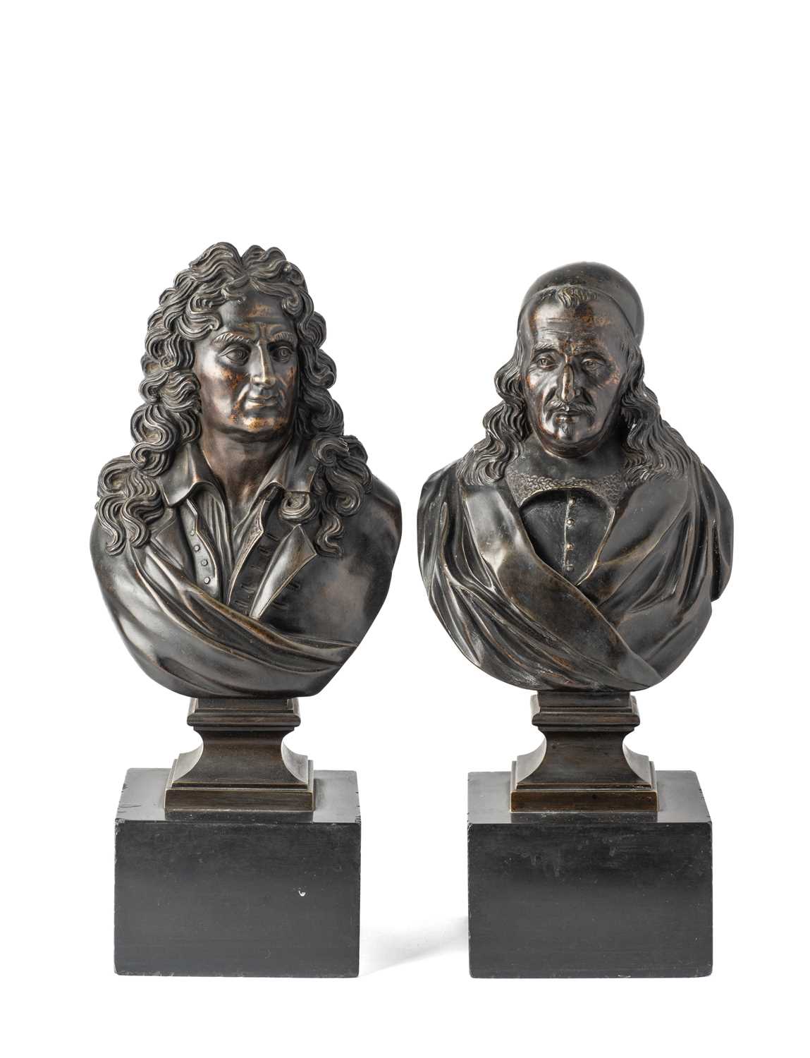 Lot 25 - A PAIR OF BRONZE LIBRARY BUSTS OF THE DRAMATISTS RACINE AND CORNEILLE, FRENCH, 19TH CENTURY