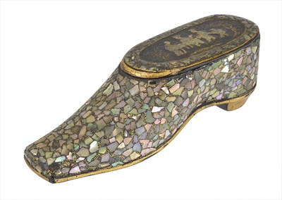 Lot 266 - A MOTHER-OF-PEARL INLAID PAPIER MACHE SHOE SNUFF BOX