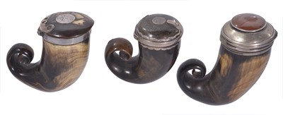 Lot 273 - THREE SCOTTISH HORN SNUFF MULLS, TWO SILVER-MOUNTED, THE THIRD WITH SILVERED METAL MOUNT