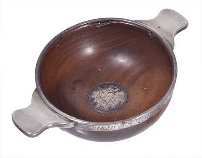 Lot 280 - A SCOTTISH SILVER-MOUNTED LABURNUM WOOD QUAICH