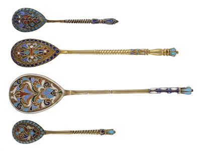 Lot 328 - FOUR RUSSIAN SILVER CLOISONNE ENAMEL SPOONS