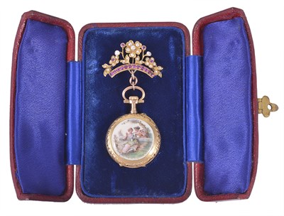 Lot 350 - A RUBY, SEED PEARL, ENAMEL AND GOLD BROOCH WATCH