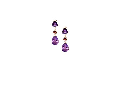 Lot 353 - PAIR OF AMETHYST, GARNET AND DIAMOND EAR PENDANTS