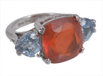 Lot 384 - FIRE OPAL AND AQUAMARINE RING