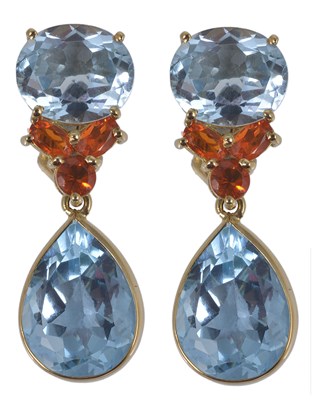 Lot 385 - PAIR OF FIRE OPAL AND BLUE TOPAZ EARCLIPS