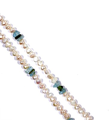 Lot 388 - FRESHWATER PEARL, AQUAMARINE AND PERIDOT LONG CHAIN