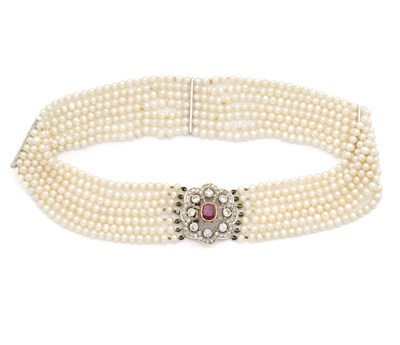 Lot 417 - RUBY, DIAMOND AND CULTURED PEARL CHOKER