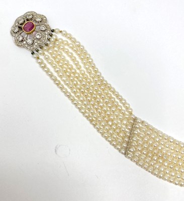 Lot 417 - RUBY, DIAMOND AND CULTURED PEARL CHOKER