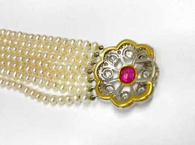 Lot 417 - RUBY, DIAMOND AND CULTURED PEARL CHOKER