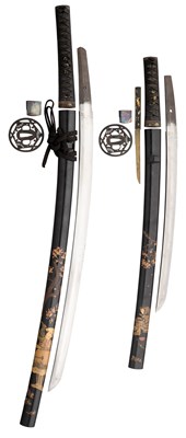 Lot 119 - A JAPANESE DAISHŌ (PAIRED LONG AND SHORT SWORDS) IN BLACK LACQUERED SAYA (SCABBARD) DECORATED IN COLOURED LACQUERS, BLADES 1650-1750, MOUNTS NINETEENTH CENTURY