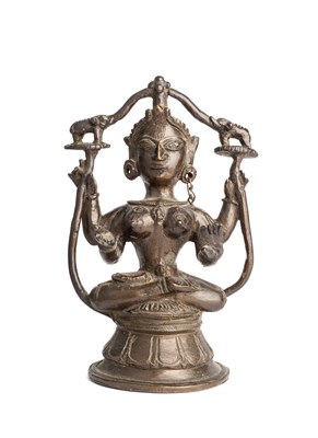 Lot 621 - A BRONZE FIGURE OF GAJALAKSHMI, ORISSA (ODISHA), EASTERN INDIA, CIRCA 1900