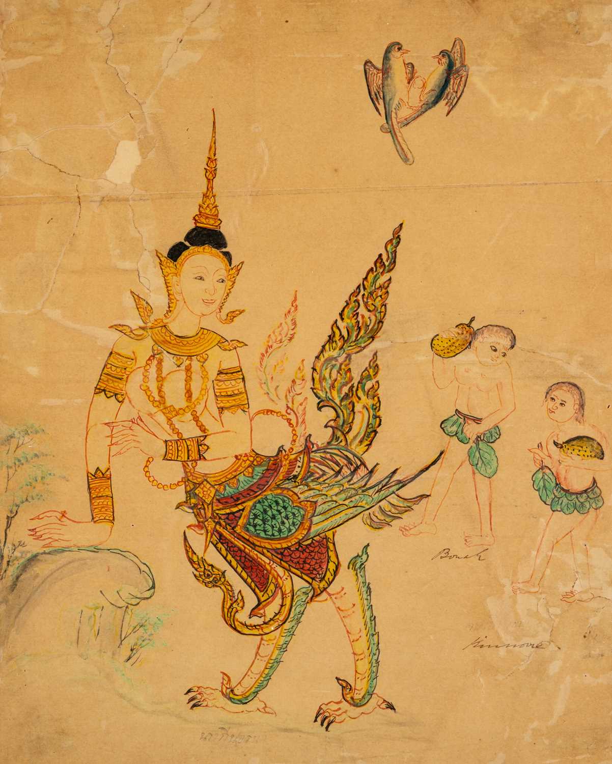 Lot 781 - A COLOURED DRAWING OF A KINNARA, THAILAND, 19TH CENTURY