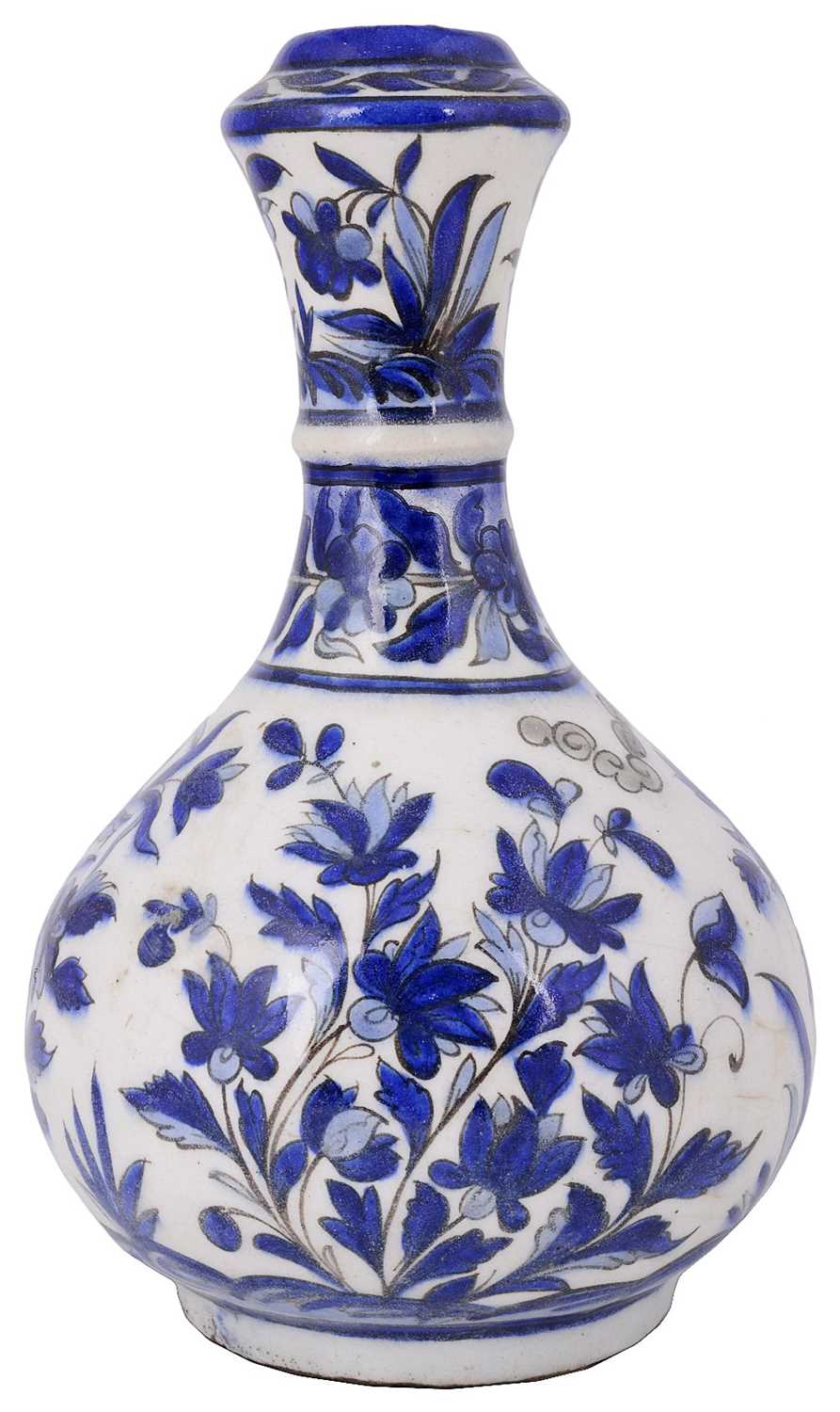Lot 409 - â€¡ A QAJAR BLUE AND WHITE POTTERY QALIAN BOTTLE
