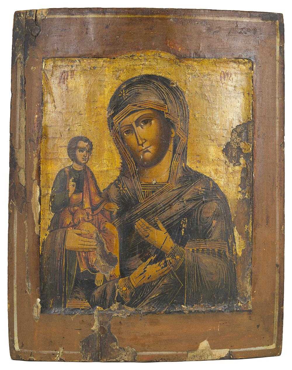 Lot 490 - A RUSSIAN ICON OF THE 'TROERUCHITSA' (THREE-HANDED) MOTHER OF GOD
