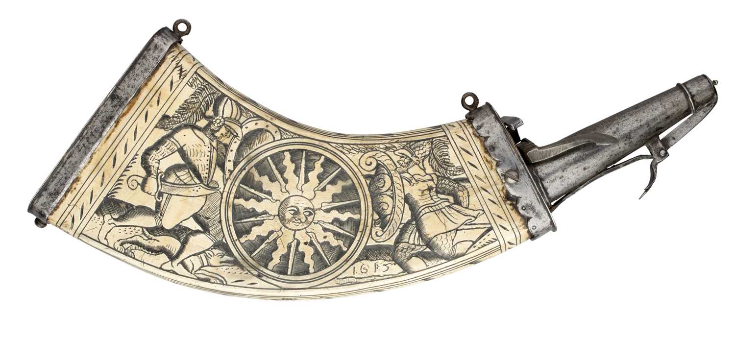 Lot 357 - A GERMAN ENGRAVED COWHORN POWDER-FLASK,
