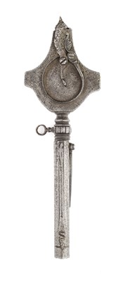 Lot 363 - A GERMAN COMBINED PRIMING-FLASK, MEASURE, WHEEL-LOCK SPANNER AND TURNSCREW, 17TH CENTURY