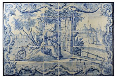 Lot 1 - A BLUE AND WHITE TILE PANEL (AZULEJOS)