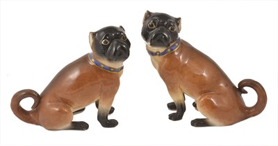 Lot 8 - A PAIR OF CONTINENTAL PORCELAIN MODELS OF PUGS