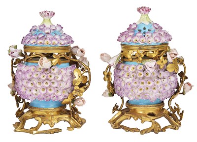 Lot 14 - A PAIR OF ORMOLU-MOUNTED MENNECY POT POURRI VASES AND COVERS